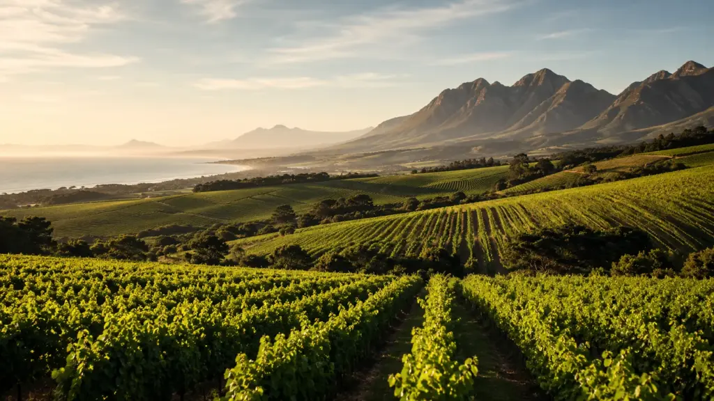 Weinberge der Coastal Region in Südafrika mit Atlantik, Bergen und warmem Sonnenlicht.