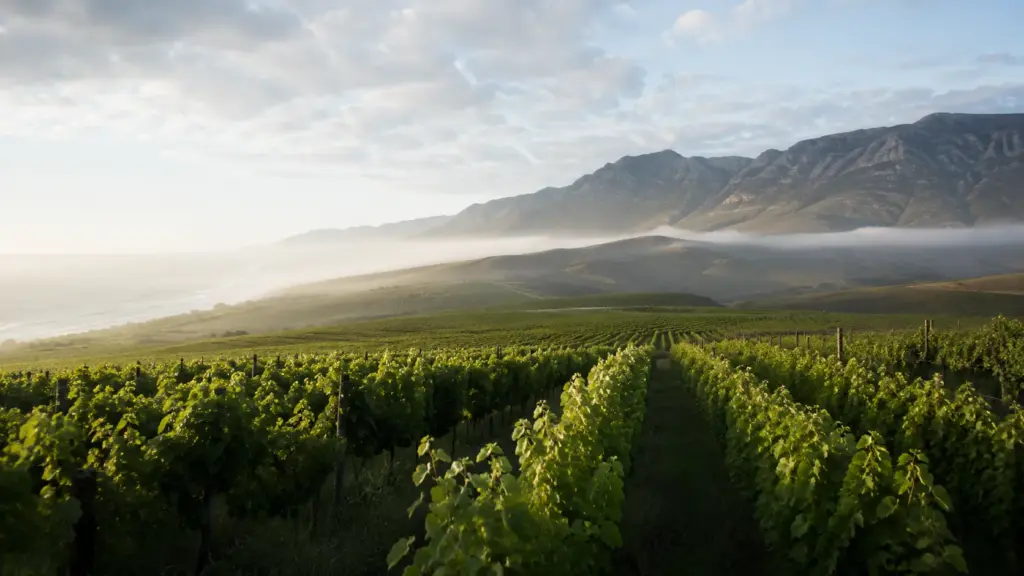 Weinberg in einer kühlen südafrikanischen Anbauregion im Morgenlicht – Sinnbild für frische und elegante Cool Climate Weine