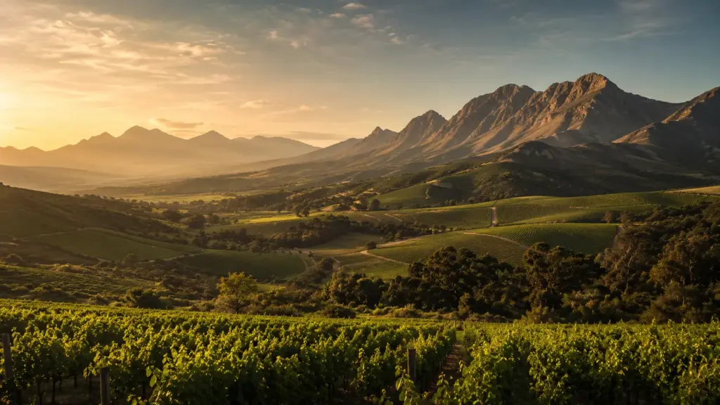Weite Weinberge in Drakenstein vor südafrikanischer Berglandschaft im warmen Abendlicht.