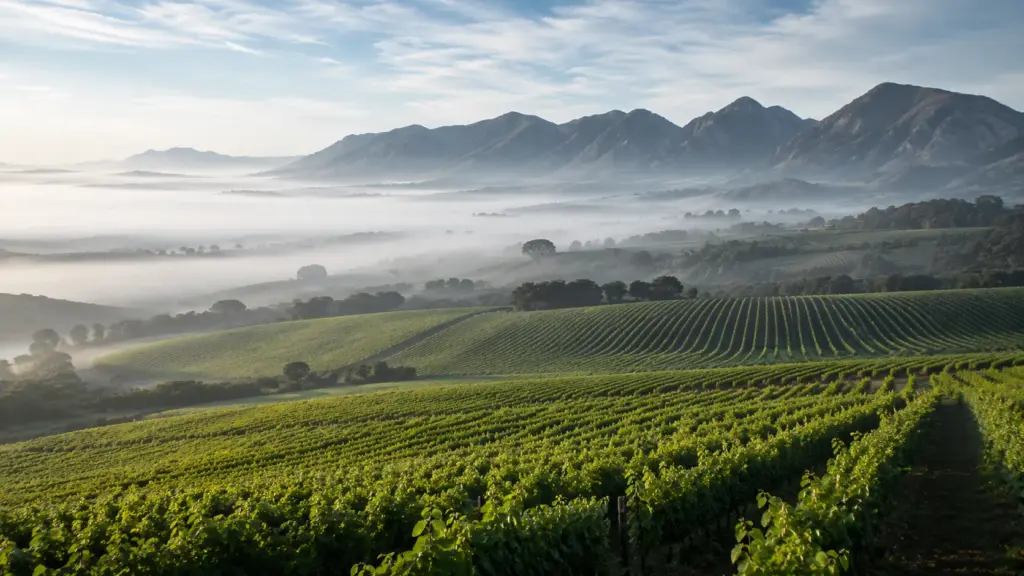 Kühle Weinlandschaft in Elgin mit Morgennebel, Reben und Bergen im Hintergrund.