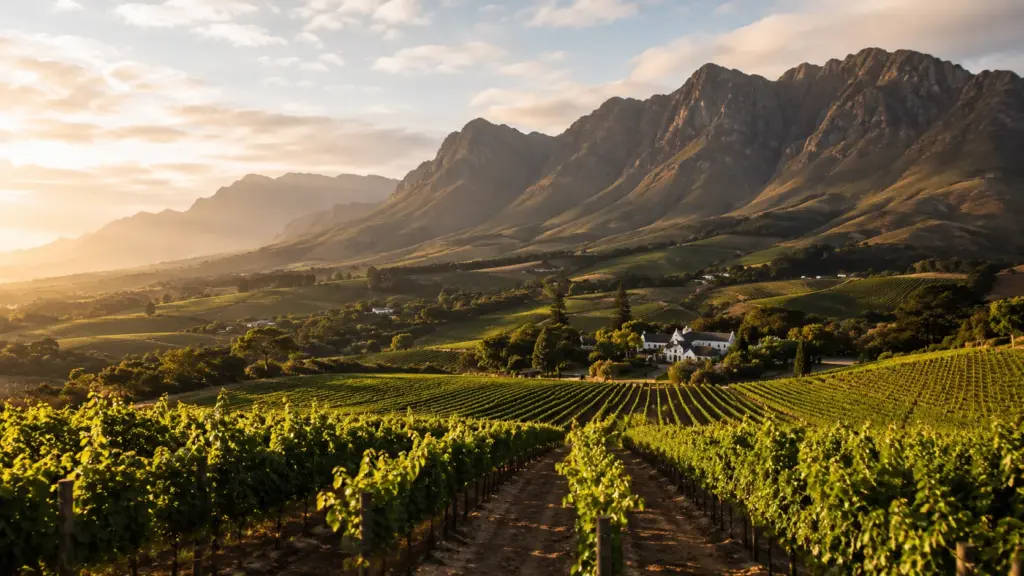 Malerisches Weintal von Franschhoek mit Reben, Bergen und goldenem Licht.