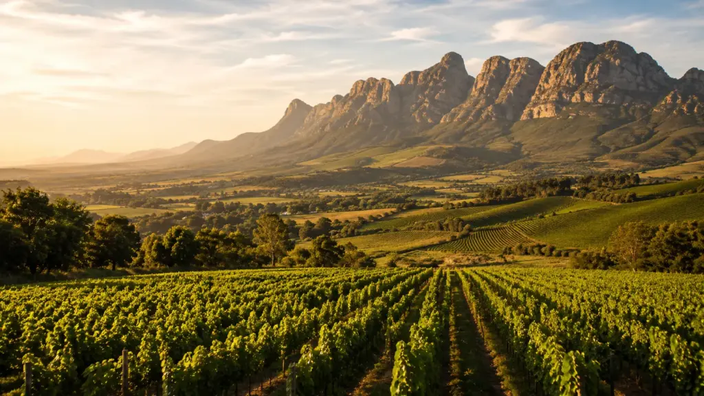 Weinberge rund um Paarl mit markanten Granitbergen und südafrikanischer Landschaft.