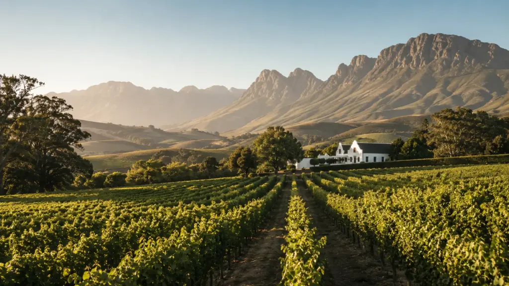 Weinberge in Stellenbosch mit klassischem Weingut, Bergen und südafrikanischer Weinlandschaft.