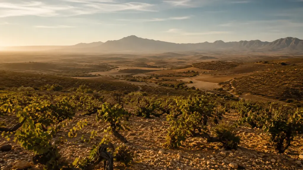 Trockene Weinlandschaft im Swartland mit alten Buschreben, kargen Böden und weiter Aussicht.