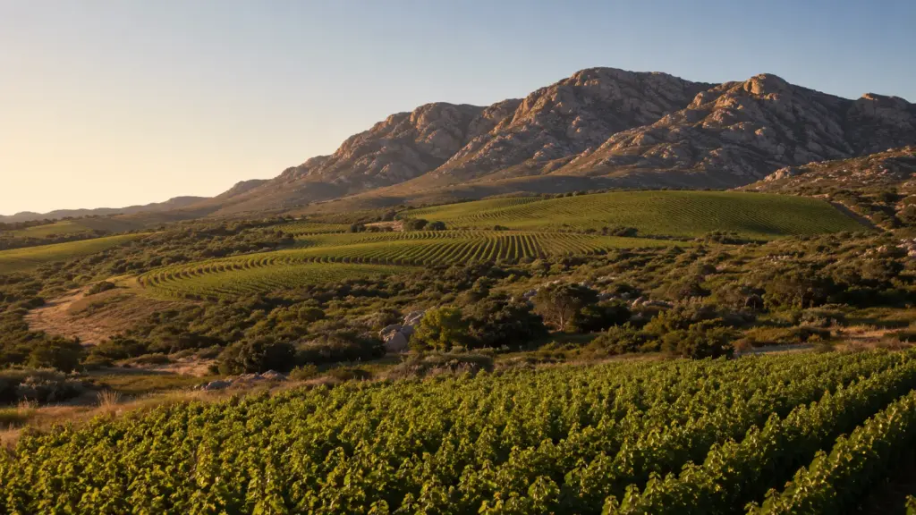 Weinberge am Voor Paardeberg mit felsigen Bergen, Granitböden und goldenem Abendlicht.